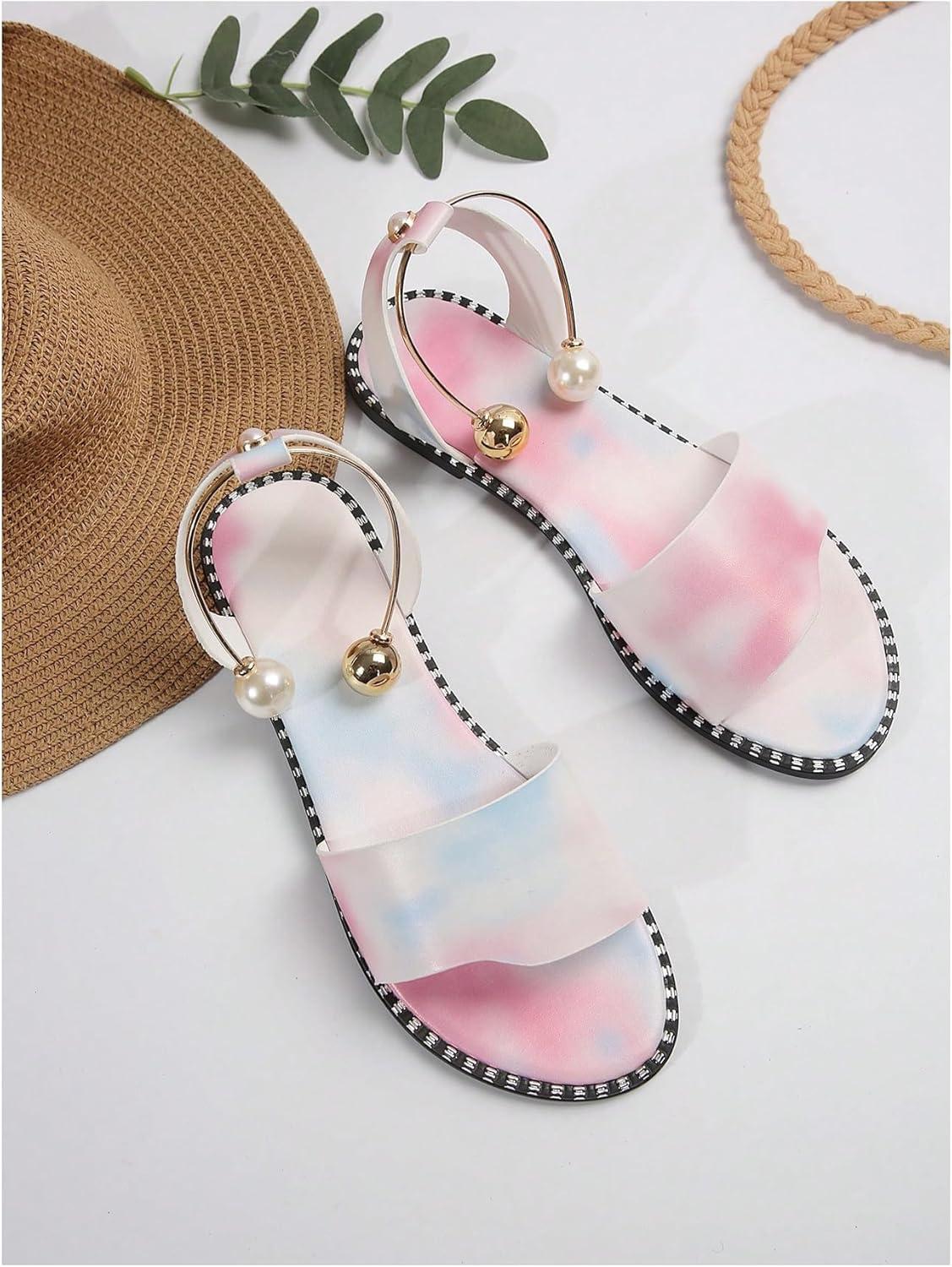 imageOYOANGLE Womens Pearl Decor Clear Straps Open Toe Flat Sandals Leather Outdoor Beach SandalsMulticolor
