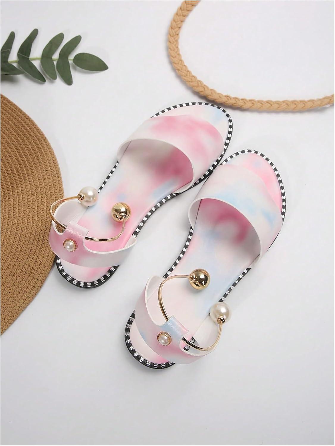 imageOYOANGLE Womens Pearl Decor Clear Straps Open Toe Flat Sandals Leather Outdoor Beach SandalsMulticolor