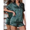 imageOYOANGLE Womens 2 Piece Satin Pajamas Set Leopard Button Shirt Shorts Set LoungewearDark Green