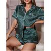 imageOYOANGLE Womens 2 Piece Satin Pajamas Set Leopard Button Shirt Shorts Set LoungewearDark Green