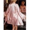 imageOYOANGLE Womens 2 Piece Satin Robe Set Mesh Floral Trim Chemise and Long Sleeve Kimono Pajama SetsPink