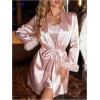 imageOYOANGLE Womens 2 Piece Satin Robe Set Mesh Floral Trim Chemise and Long Sleeve Kimono Pajama SetsPink