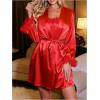 imageOYOANGLE Womens 2 Piece Satin Robe Set Mesh Floral Trim Chemise and Long Sleeve Kimono Pajama SetsRed