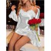 imageOYOANGLE Womens 2 Piece Satin Robe Set Mesh Floral Trim Chemise and Long Sleeve Kimono Pajama SetsWhite