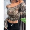 imageOYOANGLE Womens All Over Print Off Shoulder Long Sleeve T Shirts Slim Fit Casual Crop Tee TopsKhaki Brown