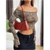 imageOYOANGLE Womens All Over Print Off Shoulder Long Sleeve T Shirts Slim Fit Casual Crop Tee TopsKhaki Brown