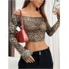 imageOYOANGLE Womens All Over Print Off Shoulder Long Sleeve T Shirts Slim Fit Casual Crop Tee TopsKhaki Brown