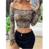 imageOYOANGLE Womens All Over Print Off Shoulder Long Sleeve T Shirts Slim Fit Casual Crop Tee TopsKhaki Brown