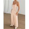 imageOYOANGLE Womens Backless Sleeveless Jumpsuits Wide Leg Rompers Spaghetti Strap Overalls Summer OutfitsApricot