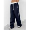 imageOYOANGLE Womens Baggy Track Pants Side Striped Drawstring Waist Y2K Wide Leg SweatpantsDark Blue