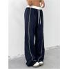 imageOYOANGLE Womens Baggy Track Pants Side Striped Drawstring Waist Y2K Wide Leg SweatpantsDark Blue