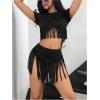 imageOYOANGLE Womens Beaded Fringe Trim Mini Skirt Suede Low Waist Flared Cowgirl Short SkirtsBlack