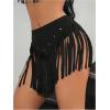 imageOYOANGLE Womens Beaded Fringe Trim Mini Skirt Suede Low Waist Flared Cowgirl Short SkirtsBlack
