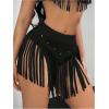 imageOYOANGLE Womens Beaded Fringe Trim Mini Skirt Suede Low Waist Flared Cowgirl Short SkirtsBlack
