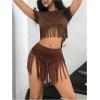 imageOYOANGLE Womens Beaded Fringe Trim Mini Skirt Suede Low Waist Flared Cowgirl Short SkirtsBrown