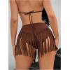 imageOYOANGLE Womens Beaded Fringe Trim Mini Skirt Suede Low Waist Flared Cowgirl Short SkirtsBrown