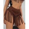 imageOYOANGLE Womens Beaded Fringe Trim Mini Skirt Suede Low Waist Flared Cowgirl Short SkirtsBrown