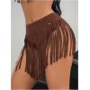 imageOYOANGLE Womens Beaded Fringe Trim Mini Skirt Suede Low Waist Flared Cowgirl Short SkirtsBrown