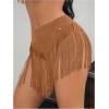 imageOYOANGLE Womens Beaded Fringe Trim Mini Skirt Suede Low Waist Flared Cowgirl Short SkirtsLight Brown