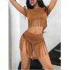 imageOYOANGLE Womens Beaded Fringe Trim Mini Skirt Suede Low Waist Flared Cowgirl Short SkirtsLight Brown