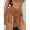 imageOYOANGLE Womens Beaded Fringe Trim Mini Skirt Suede Low Waist Flared Cowgirl Short SkirtsLight Brown