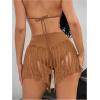 imageOYOANGLE Womens Beaded Fringe Trim Mini Skirt Suede Low Waist Flared Cowgirl Short SkirtsLight Brown