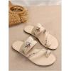 imageOYOANGLE Womens Boho Floral Embroidered Flat Sandals Toe Ring Leather Flip Flops Vacation Beach Thong SandalsBeige