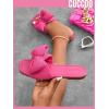 imageOYOANGLE Womens Bow Decor Square Open Toe Flat Sandals Solid Plain Lightweight Soft Slip on Dressy SlidesHot Pink