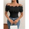imageOYOANGLE Womens Elegant Floral Appliques Off Shoulder Short Sleeve Bodysuit Leotard TopsBlack