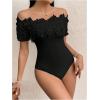 imageOYOANGLE Womens Elegant Floral Appliques Off Shoulder Short Sleeve Bodysuit Leotard TopsBlack