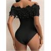 imageOYOANGLE Womens Elegant Floral Appliques Off Shoulder Short Sleeve Bodysuit Leotard TopsBlack