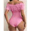 imageOYOANGLE Womens Elegant Floral Appliques Off Shoulder Short Sleeve Bodysuit Leotard TopsPink