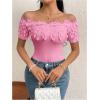 imageOYOANGLE Womens Elegant Floral Appliques Off Shoulder Short Sleeve Bodysuit Leotard TopsPink