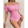 imageOYOANGLE Womens Elegant Floral Appliques Off Shoulder Short Sleeve Bodysuit Leotard TopsPink