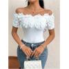 imageOYOANGLE Womens Elegant Floral Appliques Off Shoulder Short Sleeve Bodysuit Leotard TopsWhite