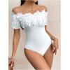 imageOYOANGLE Womens Elegant Floral Appliques Off Shoulder Short Sleeve Bodysuit Leotard TopsWhite