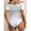 imageOYOANGLE Womens Elegant Floral Appliques Off Shoulder Short Sleeve Bodysuit Leotard TopsWhite