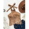 imageOYOANGLE Womens Fringe Criss Cross Sleeveless Halter Top Backless Music Festival Vacation Crop TopsKhaki