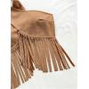 imageOYOANGLE Womens Fringe Criss Cross Sleeveless Halter Top Backless Music Festival Vacation Crop TopsKhaki