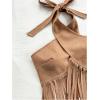 imageOYOANGLE Womens Fringe Criss Cross Sleeveless Halter Top Backless Music Festival Vacation Crop TopsKhaki