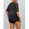 imageOYOANGLE Womens Glitter Sheer See Through Top Short Sleeve Loose Casual Shiny Tshirt Mesh ShirtBlack