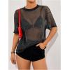 imageOYOANGLE Womens Glitter Sheer See Through Top Short Sleeve Loose Casual Shiny Tshirt Mesh ShirtBlack