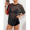 imageOYOANGLE Womens Glitter Sheer See Through Top Short Sleeve Loose Casual Shiny Tshirt Mesh ShirtBlack
