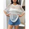 imageOYOANGLE Womens Glitter Sheer See Through Top Short Sleeve Loose Casual Shiny Tshirt Mesh ShirtWhite