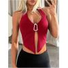 imageOYOANGLE Womens Halter Deep V Neck Slit Tank Top Sleeveless Crop Tops Festival Rave OutfitRed