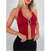 imageOYOANGLE Womens Halter Deep V Neck Slit Tank Top Sleeveless Crop Tops Festival Rave OutfitRed