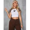 imageOYOANGLE Womens Heart Graphic Round Neck Short Sleeve T Shirt Raglan Sleeve Casual Trendy Cropped TeesBrown White