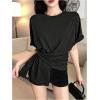 imageOYOANGLE Womens Knot Side Asymmetrical T Shirt Crew Neck Short Sleeve Casual Tee TopBlack