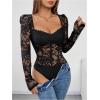 imageOYOANGLE Womens Lace Sheer Long Sleeve Corset Bodysuit Sweetheart Neck Party Club LeotardBlack