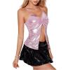 imageOYOANGLE Womens Metallic Split Hem Crop Cami Top Deep V Neck Twist Front Sleeveless Tank TopsPink